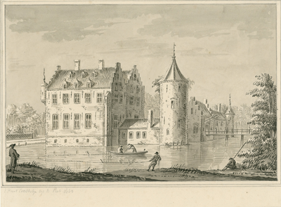 1664 't Huis Crabbetje op de Piet. 1663. Gezicht op het kasteel Muiden op de Piet te Wolphaartsdijk, met vissers en ...