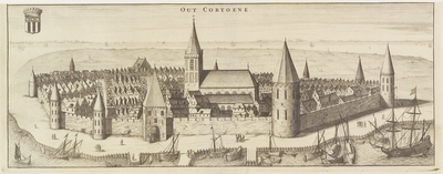 1672 Out Cortgene. Gezicht op de stad Kortgene, in vogelvlucht,vanuit het zuiden, verdwenen door de vloeden van 1530 en ...