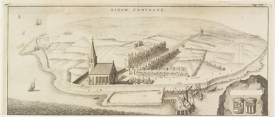 1673 Nieuw Cortgene. Gezicht op de stad Kortgene, in vogelvlucht, vanuit het zuiden, herbouwd circa 1681, met personen, ...