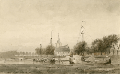 1674 Cortgene. Noord-Beveland. 1890. Gezicht op het dorp Kortgene met Nederlandse Hervormde kerk, vanuit de haven