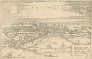 1681 Broversavia. Gezicht op de stad Brouwershaven, vanuit het noordoosten, met leeg wapenschild (links) en wapen van ...