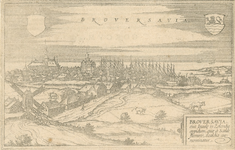 1681 Broversavia. Gezicht op de stad Brouwershaven, vanuit het noordoosten, met leeg wapenschild (links) en wapen van ...