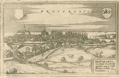 1682 Broversavia. Gezicht op de stad Brouwershaven, vanuit het noordoosten, met leeg wapenschild (links) en wapen van ...