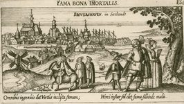 1684 Brovershaven. in Seelandt. Gezicht op de stad Brouwershaven van de landzijde, met op de voorgrond personen, ...