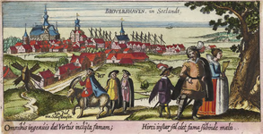 1685 Brovershaven. in Seelandt. Gezicht op de stad Brouwershaven van de landzijde, met op de voorgrond personen, ...