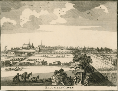 1686 Brouwers-Haven. Gezicht op de stad Brouwershaven van de landzijde, met op de voorgrond personen, waaronder een ...