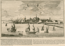 1687 Brouwershaeven. Gezicht op de stad Brouwershaven met vestingwerken, vanuit zee, met op de achtergrond Bommenede en ...