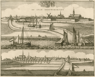 1688 De Stad Brouwershaven. Gezichten op de stad Brouwershaven met vestingwerken, haven en personen, van de zeezijde en ...