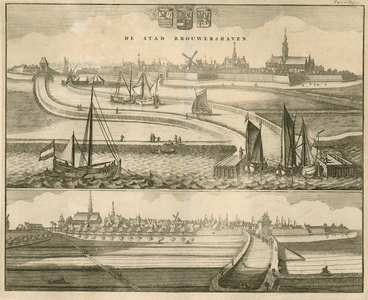 1689 De Stad Brouwershaven. Gezichten op de stad Brouwershaven met vestingwerken, haven en personen, van de zeezijde en ...