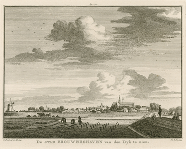 1690 De stad Brouwershaven van den Dyk te zien. Gezicht op de stad Brouwershaven, gezien vanaf de dijk, met op de ...