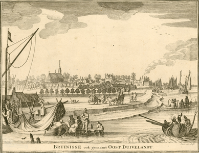 1705 Bruinisse ook genaamt Oost-Duivelandt. Gezicht op het dorp Bruinisse, gezien vanuit het noordoosten, met de haven, ...