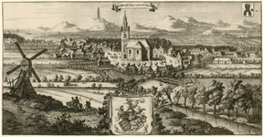1717 De Heerlykhyt van Burgt. Gezicht op het dorp Burgh en omgeving, vanuit het zuiden, met de wapens van Burgh, midden ...