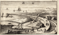 1718 Burgsluys. Gezicht op de haven van Burghsluis, gezien vanuit zee, met op de achtergrond Walcheren met Middelburg ...