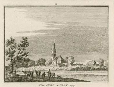 1719 Het Dorp Burgt. 1745. Gezicht op het dorp Burgh, vanuit het zuidoosten, met Nederlandse Hervormde kerk, en op de ...