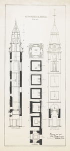 1724 Kerktoren te Burgh. Doorsneden, aanzicht en grondplan van de herbouw van de toren van de Nederlandse Hervormde ...