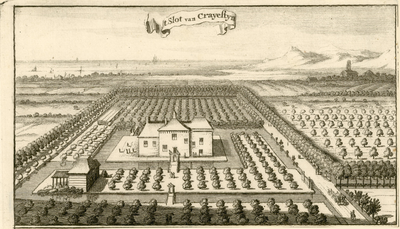 1735 t Slot van Crayestyn. Gezicht op het kasteel Crayestein en omgeving te Burgh, in vogelvlucht, met op de ...