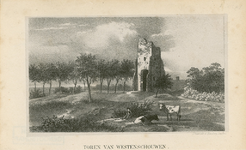 1741 Toren van Westenschouwen. De ruïne van de toren van de rooms-katholieke kerk te Westenschouwen, gesloopt in 1848, ...