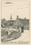 1742 Dreischor bij Zierikzee. Gezicht in Dreischor met een rijtuig en twee vrouwen in klederdracht op de brug