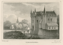 1756 Windenburg. Gezicht op het kasteel Windenburg te Dreischor, met kerktoren, en een persoon op de brug, en een ...