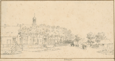 1759 Elkerzee. Gezicht in het dorp Elkerzee, met Nederlandse Hervormde kerk, vate en personen