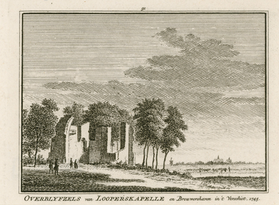 1764 Overblyfzels van Looperskapelle en Brouwershaven in 't verschiet. Gezicht op de ruïne van de rooms-katholieke kerk ...