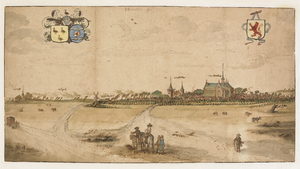 1765 Haemstede. Gezicht op het dorp Haamstede, vanuit het zuiden, met op de achtergrond de duinen, en op de voorgrond ...