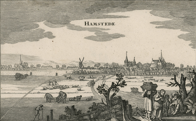 1766 Hamstede. Gezicht op de heerlijkheid Haamstede, vanuit het zuiden, met op de achtergrond de duinen, en op de ...