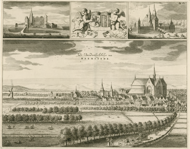 1768 De Baender-heelijkheidt van Haemstede,. Gezicht op de heerlijkheid Haamstede, in vogelvlucht, met op de ...