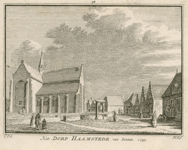 1771 Het Dorp Haamstede van binnen. 1745. Gezicht in het dorp Haamstede, met Nederlandse Hervormde kerk en waterput met ...