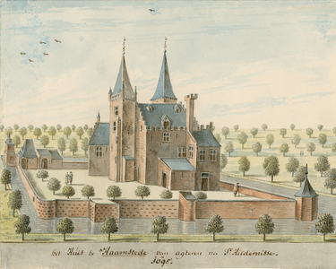 1774 Het Huis te Haamstede van agteren, na Ic. Hildernisse. 1695. Gezicht op het kasteel te Haamstede, van de ...