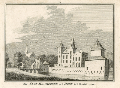 1775 Het Slot Haamstede en 't Dorp in 't verschiet. Gezicht in het dorp Haamstede, met Nederlandse Hervormde kerk en kasteel