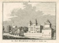 1775 Het Slot Haamstede en 't Dorp in 't verschiet. Gezicht in het dorp Haamstede, met Nederlandse Hervormde kerk en kasteel