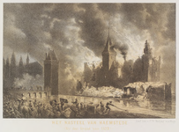 1777 Het Kasteel van Haemstede (Bij den brand van 1525). Gezicht op het kasteel van Haamstede tijdens de brand, met op ...