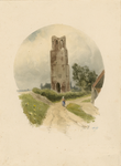 1785 De toren van de voormalige rooms-katholieke kerk te Koudekerke (Schouwen), vanuit het oosten, in ovaal, met op de ...