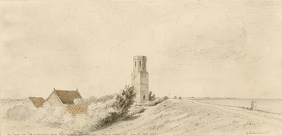 1786 den Toren van het verdronken dorp Koukerke in Schouwen. Gezicht op de toren van de voormalige rooms-katholieke ...