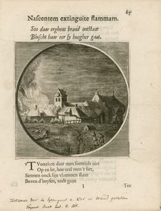1789 Kerkwerve door den Spanjaard a. 1575 in brand gestoken. (in inkt). Gezicht op het dorp Kerkwerve, door de ...