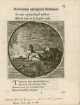 1789 Kerkwerve door den Spanjaard a. 1575 in brand gestoken. (in inkt). Gezicht op het dorp Kerkwerve, door de ...