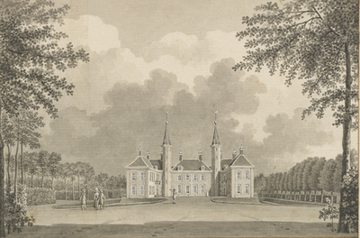 178a Gezicht op het slot ter Hooge te Koudekerke (W.), van de voorzijde met personen en tuinman