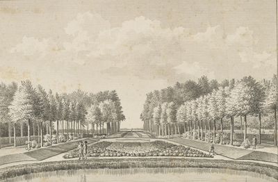 178d Gezicht op het slot ter Hooge te Koudekerke (W.), de laan achter het huis, gezien naar het slot, met personen en tuinman