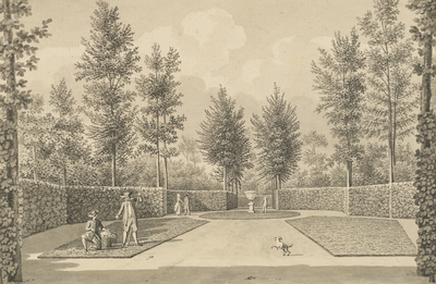 178g Gezicht in het park van het slot ter Hooge te Koudekerke (W.), met personen en tuinlieden