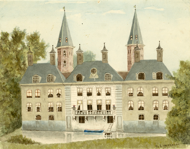 179 De achterzijde van het slot ter Hooge te Koudekerke (W.), met klok en roeiboot
