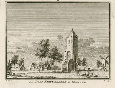 1791 Het Dorp Nieuwerkerk in Schouwen. 1745. Gezicht in het dorp Nieuwerkerke ('Schutje') (Schouwen)