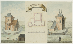 1793 't Huis Werve bij Kerkwerve, na Ic. Hildernisse. 1695. Plattegrond en voorzijde en zijaanzicht van het kasteel ...