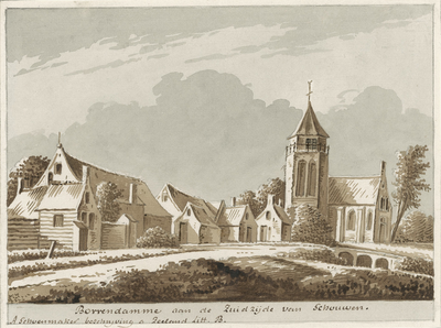 1794 Borrendamme aan de Zuidzijde van Schouwen. Gezicht op het dorp Borrendamme, met de rooms-katholieke kerk