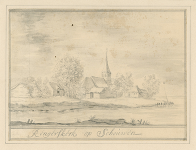 1799 Rengerskerk op Schouwen. Gezicht op het dorp Rengerskerke (Schouwen), met de rooms-katholieke kerk, in 1662 in het ...