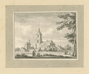 1801 Gezicht op het dorp Nieuwerkerk (Duiveland), met Nederlandse Hervormde kerk, en personen op de voorgrond