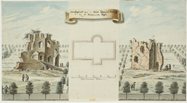 1817 Overblijfzels van 't Huis Zwanenburg, na Jc Hildernisse. 1695. De ruïnes, met personen, waaronder tuinlieden en de ...
