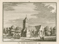 1819 Het Dorp Noordgouwe. 1745. Gezicht in het dorp Noordgouwe, met Nederlandse Hervormde kerk, en personen