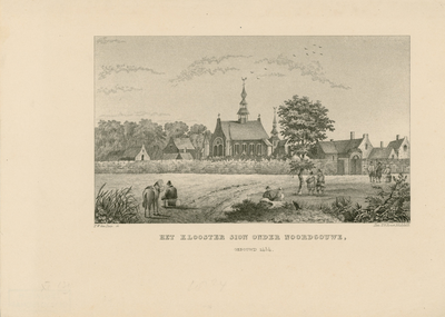 1824 Het Klooster Sion onder Noordgouwe, Gebouwd 1434. Gezicht op het klooster Sion te Noordgouwe, met muur, en personen