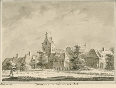 1839 Oosterland in Duiveland. 1636. Gezicht op het dorp Oosterland, met Nederlandse Hervormde kerk, en personen, ...